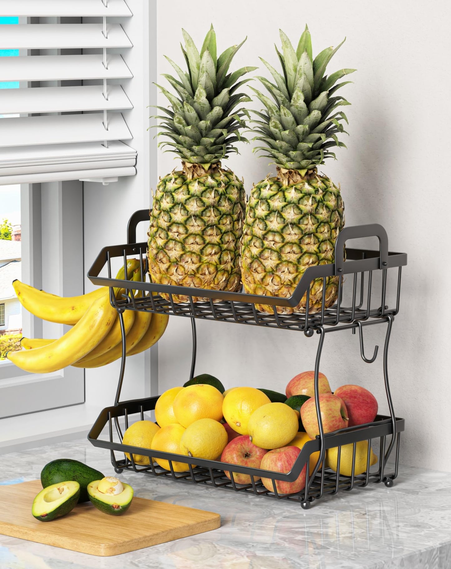 OKZEST 2-Tier Fruit Basket for Kitchen Counter with 2 Banana Hangers, Hanging Fruit Storage Basket Stand, Metal Fruit Organizer Bowl with Handles for Storage Potato Onion Bread Snack Vegetable