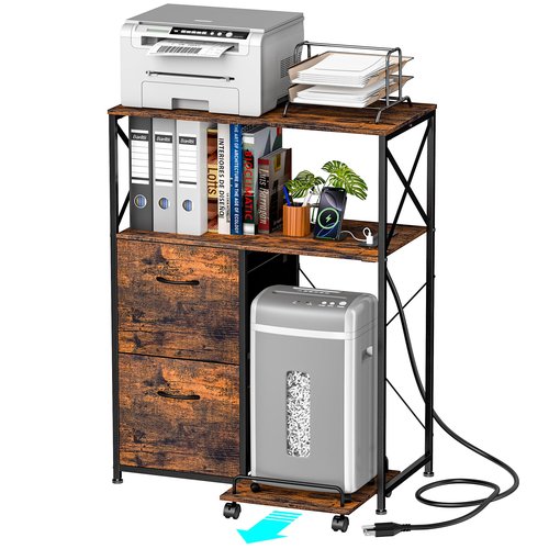 Vestibk Printer Stand for Home Office, 31.5 x15.7 x 40 Inches Large Mobile Printer Table with Adjustable Storage Shelf, 2 Drawer File Cabinets Rolling Cart with Wheels for Host Computer - Rustic Brown