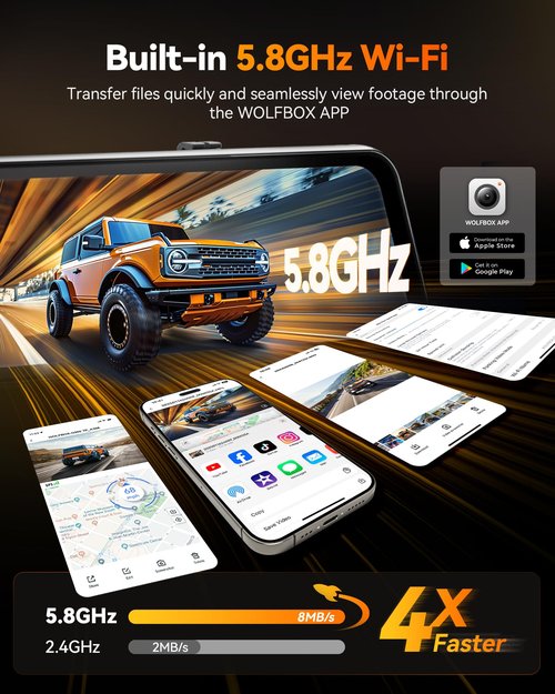 WOLFBOX G900 Tripro Cabin Version 3 Channel 4K Rear View Mirror Camera, STARVIS 2 IMX678 Night Vision,4K+1080P+2.5K Front Inside and Rear Mirror Dash Cam,5.8GHz WiFi,Voice Control,Includes 256GB Card