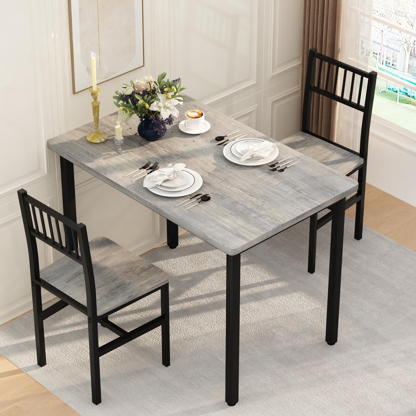 AWQM 3 Piece Dining Table Set for 2, Small Kitchen Table Set for 2 with Chairs,Wood Breakfast Nook Table and Chairs Set of 2,Dinette Set for Small Space,Dining Room,Apartment, Grey