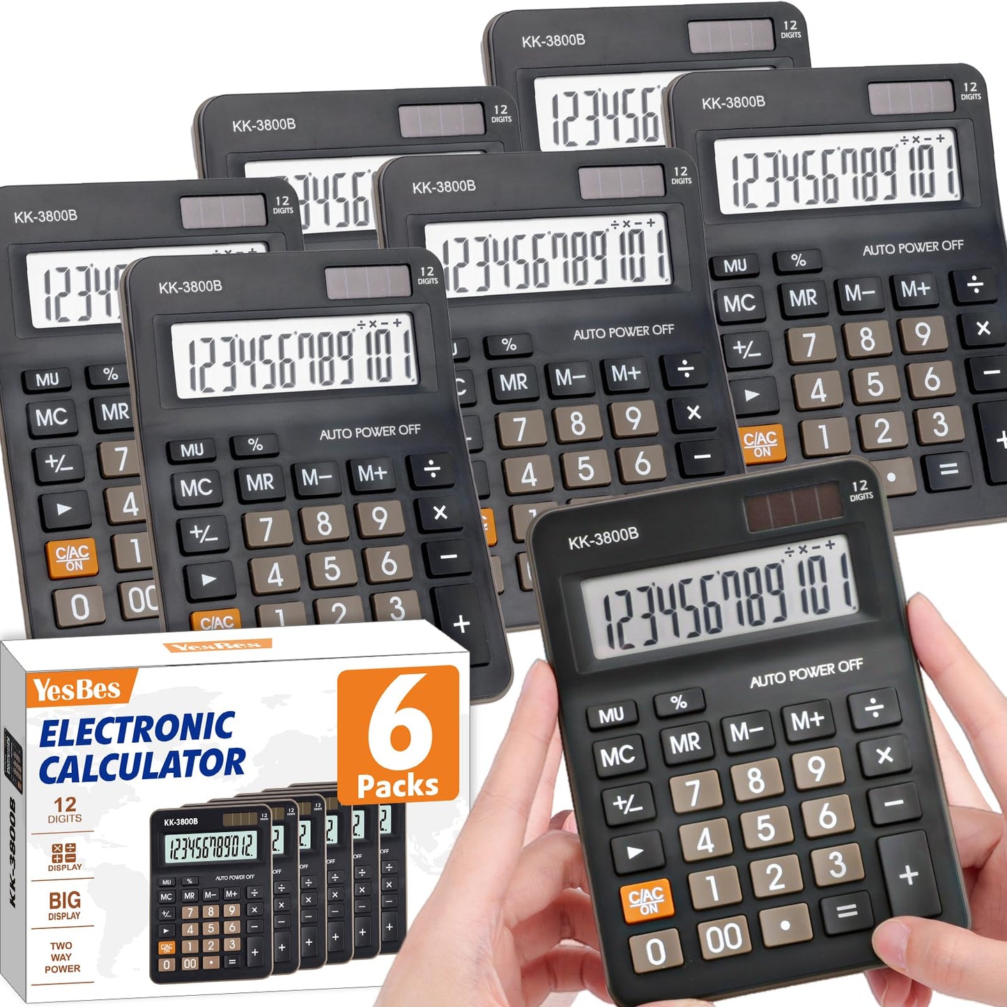 6 Pack Calculator Bulk, 12 Digit Desk Calculator with Large LCD Display & Big Buttons, Dual Power Solar & Battery, Standard Basic 4 Function Calculator for School, Office, Home