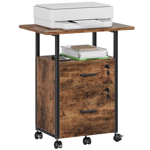 GYIIYUO 2 Wood Drawer File Cabinet with 22'' Extended Desktop and Lock, Mobile Filing Cabinet with Side Bag, Rolling Printer Stand, Fits A4&Letter Size, Home Office, Rustic Brown