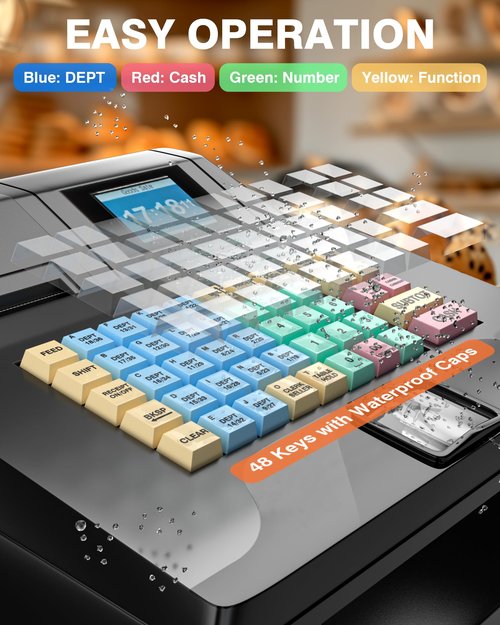 PYY Cash Register for Small Businesses - Electronic Commercial Caja Registradora para Negocio with Lock Cash Drawer Box and Scanner, 48 Keys, 8 Digital Dual Display for Retail Restaurant Supermarket