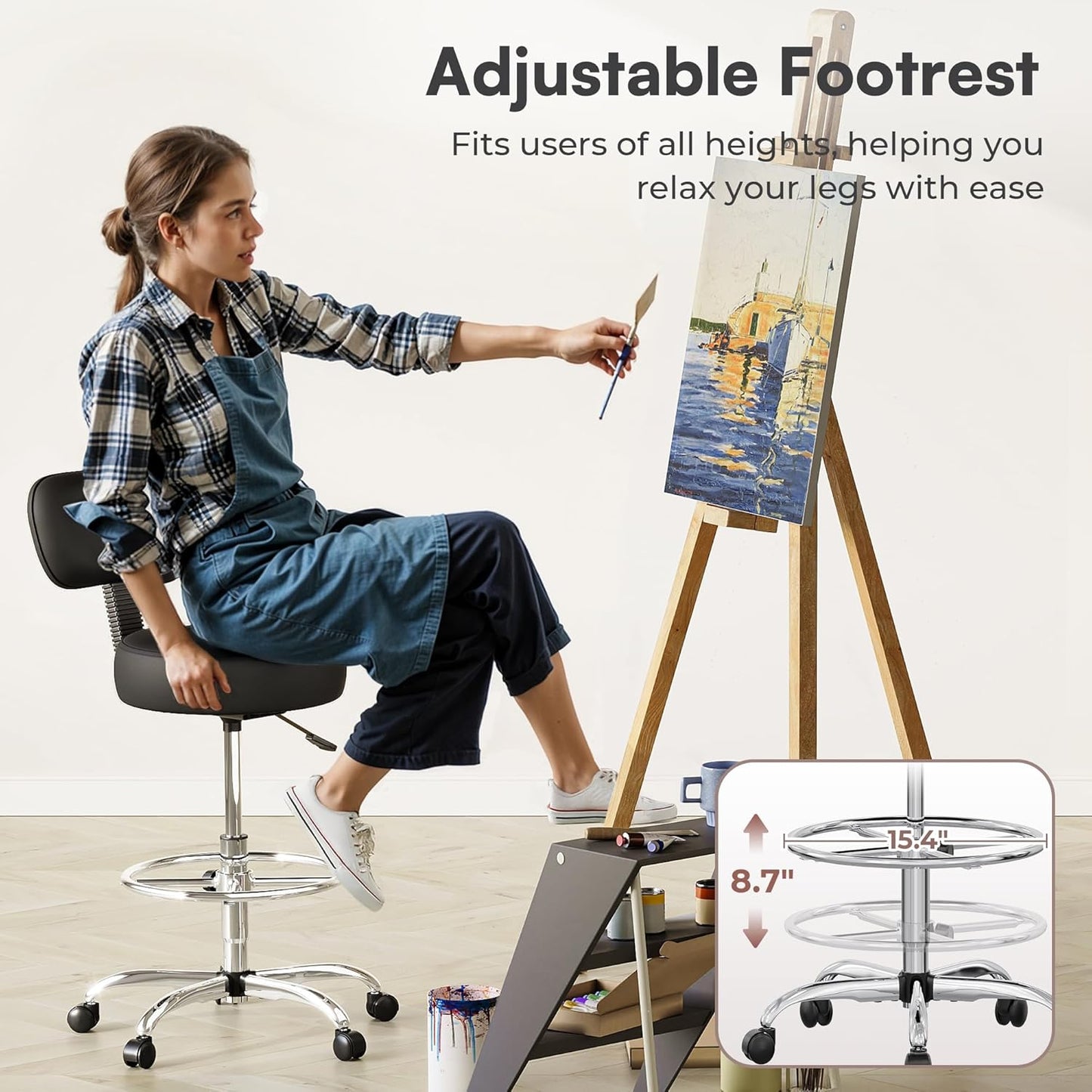 SUPERJARE Drafting Chair - Adjustable Rolling Stool with Foot Rest & Thick Cushion - Black