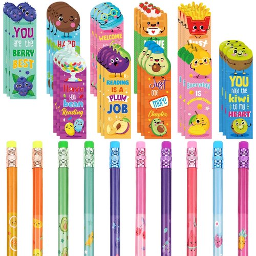 Teling 60 Pcs Inspirational Scented Pencils and Scented Bookmarks Sets Funny Smelly Pencils with Eraser Theme Bookmarks Cute Stationery Bulk for Reading Rewards Party Favors(Cute)
