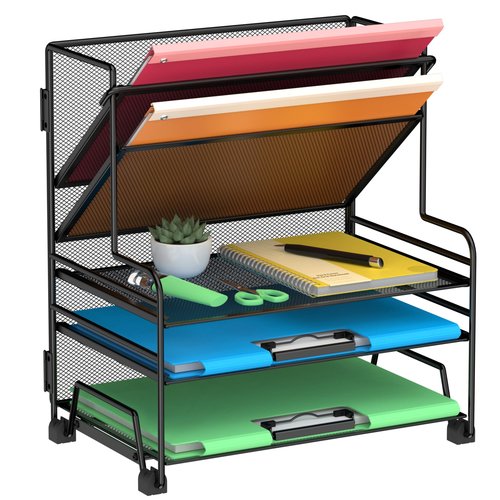 Desk File Organizer, 3-Tier Letter Tray Paper Organizer and 2-Pocket Metal Hanging Basket for Office School Classroom Organization