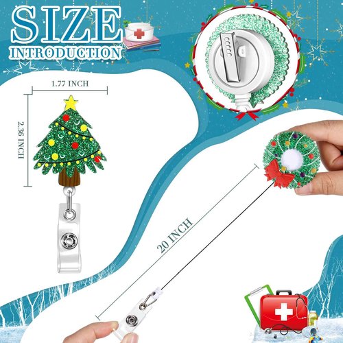 Qilery 50 Pcs Christmas Badge Reel Retractable Christmas Badge Holder Bling Holiday Reels Glitter Xmas Acrylic ID Name Holder with Alligator Clip for Workers Nurses