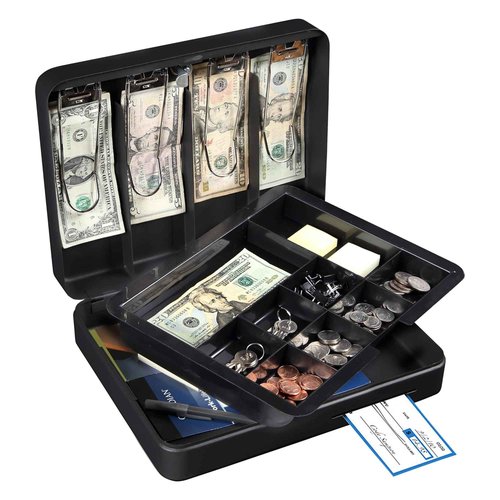 Honeywell Safes & Door Locks - Deluxe Small Cash Box with Removable Money Tray - Storage Under Tray & 8 Coin Slots - Durable Metal Safe with Key Lock - Saving Money Lock Box - Black, 0. 23 CU - 6113
