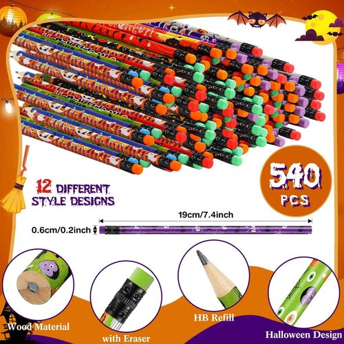 Pajean 540 Pcs Halloween Pencils Bulk Pumpkin Ghost Wooden Pencils with Eraser Trick or Treat Pen Class Reward Gift for Halloween Supplies Favors