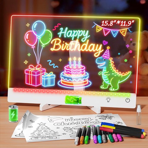 Lumi Rechargeable LED Drawing Board - Large 15.8"x11.9" Acrylic Dry Erase Board with 12 Markers & 7 Colors | Perfect for Gifts