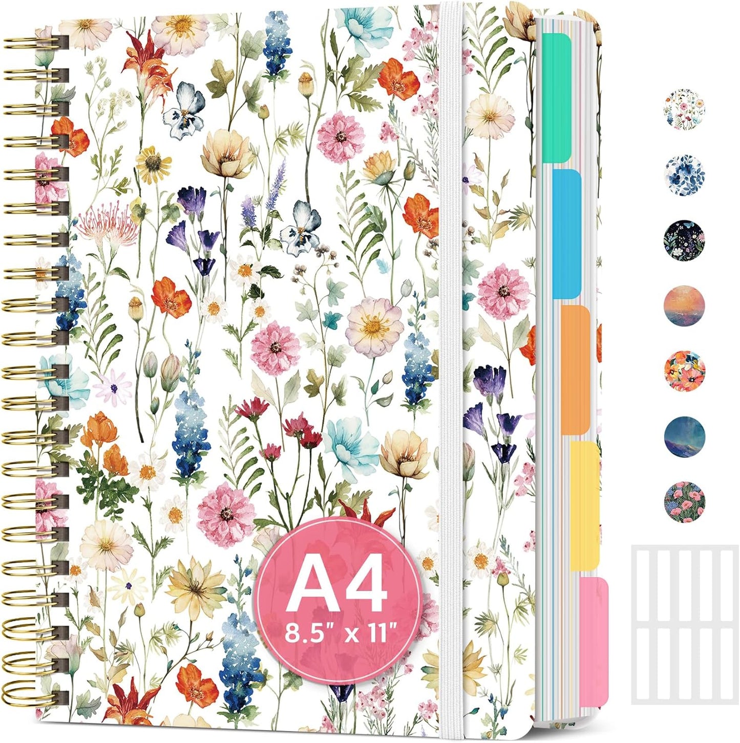 Skiennix Large Spiral Notebook - 5 Subject Hardcover Journal with Removable Dividers & Tabs | 8.5"x11", Wildflowers, 280 Pages