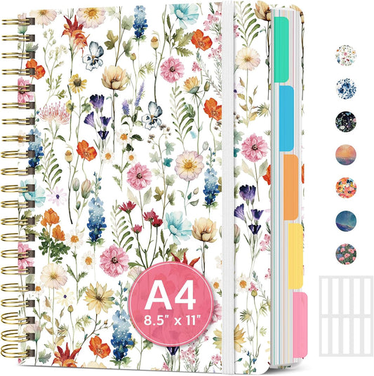 Skiennix Large Spiral Notebook - 5 Subject Hardcover Journal with Removable Dividers & Tabs | 8.5"x11", Wildflowers, 280 Pages
