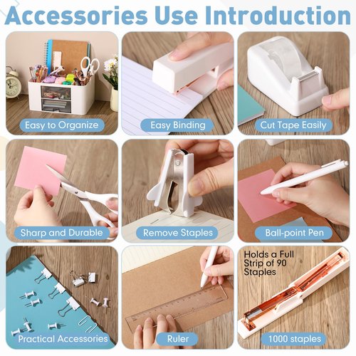 AmazingSpark 11 Pcs White Office Supplies Set Multi-functional Pen Organizer and Accessories with Tape Holder, Stapler, Staple Remover, Staples, Tape, Clips Set, Ruler, Scissor, Pen, Sticky Notes