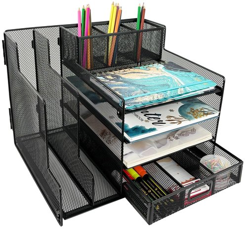 ALTOS OFFICE AND HOME Metal Mesh Desk Organizer, 1 Sliding Drawer, 4 Horizontal Trays and 2 Vertical Sections, with 3 Spaces for Pencils and Accessories Black, Reinforced Edges, Electrostatic Paint