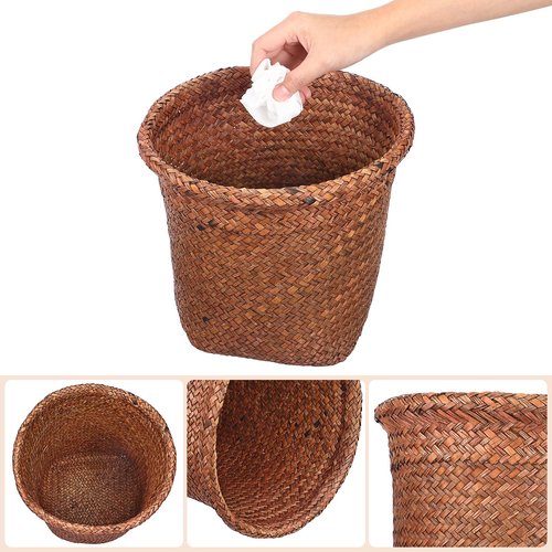 1Pc Straw Woven Wastebasket Retro Garbage Can Straw Rubbish Container Wicker Waste Basket（Small）