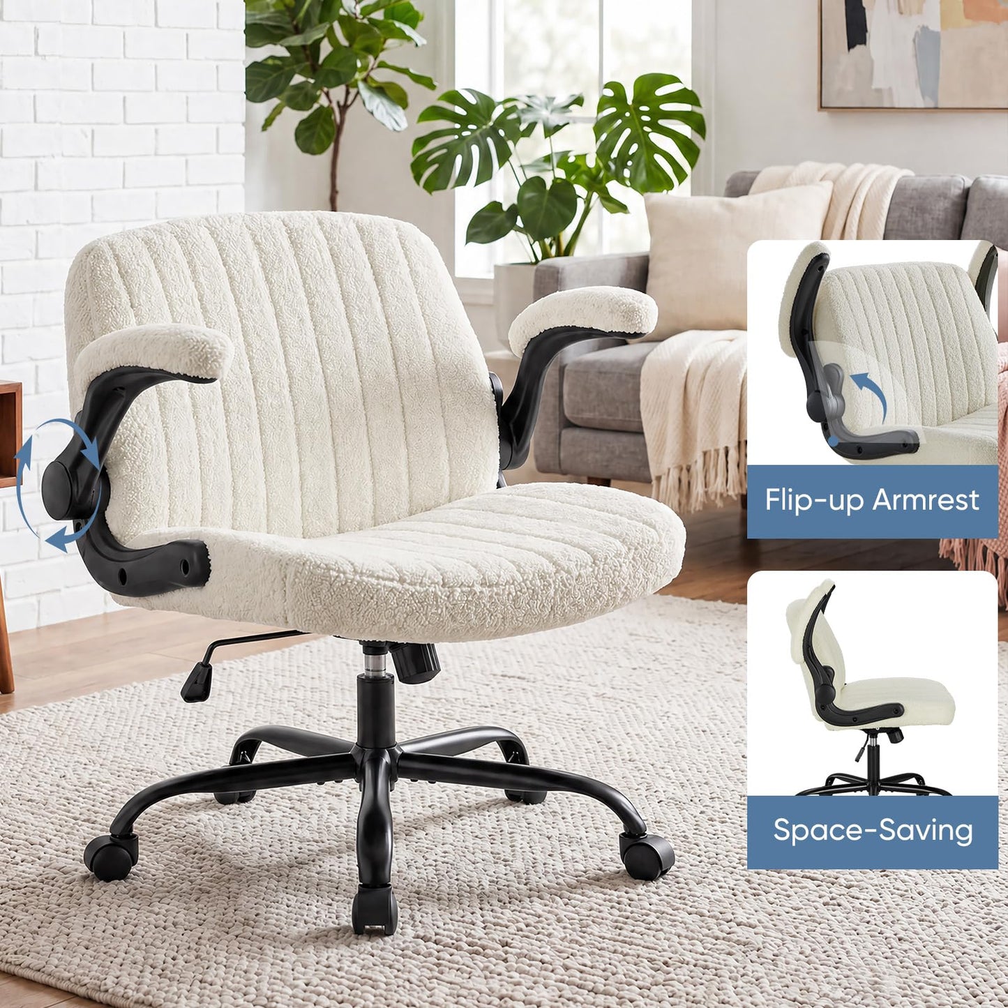 DUMOS Criss Cross Home Office Chair with Wheels, Wide Cross Legged Desk Vanity Chair Comfy Fabric Flip-Up Armrests Adjustable Swivel Chairs for Home Computer Bedroom, Beige