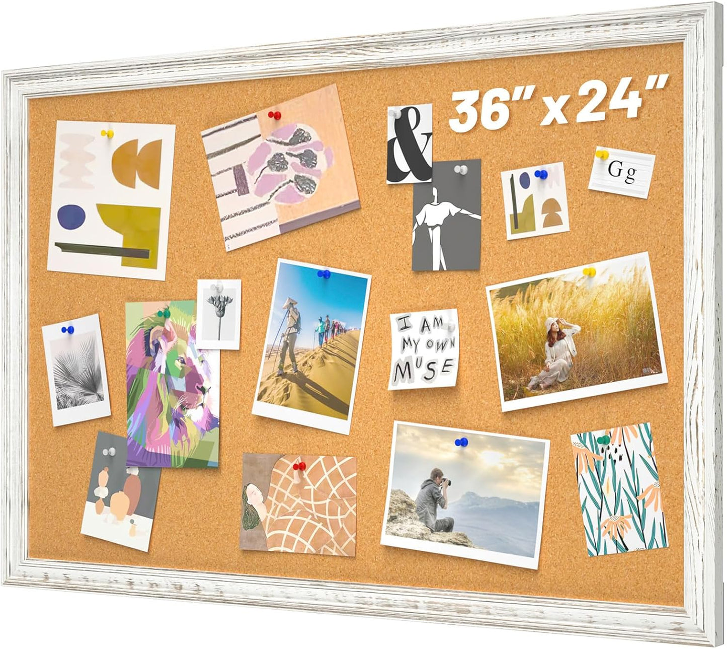 White Cork Board - 36 x 24 Inch Decorative Bulletin Board with Rustic Wooden Frame for Home & Office