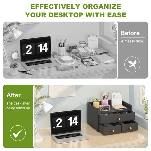 Bamboo Desk Organizer with Drawers Wooden Desktop Storage Drawers for Bills Office Supplies Kitchen Utensils Organizing Tool for Home Classroom Organization No Assembly (3 Drawers, Black)