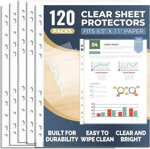 Pauuooa Clear Sheet Protectors - 120 Pack Plastic Page Sleeves for 3 Ring Binders | 8.5 x 11 Inch