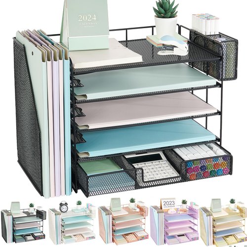 Youbetia Paper Tray Organizer with Mesh File Holder, 5 Tier Desk Accessories & Workspace Desk Organizers with Pen Holder, Office Desk Accessories Desktop Organization for Office Supplies (Black)