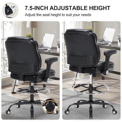 Drafting Chair, Ergonomic Tall Office Chair with Soft Adjustable Armrests and Foot Ring, Standing Desk Chair PU Leather High Office Chair for Counter Height Desk, Swivel Computer Stool, Black
