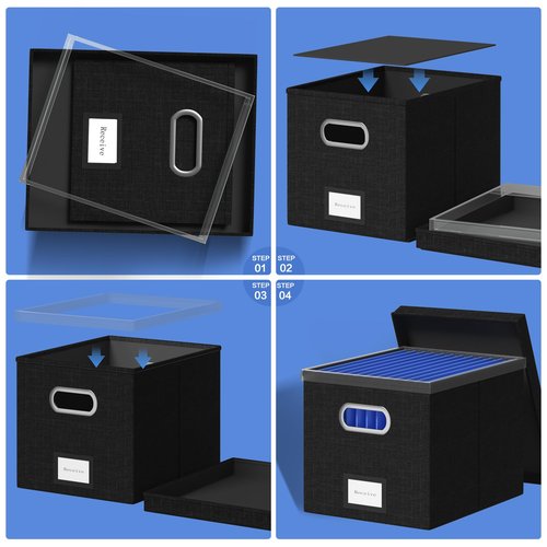 GRSQYS File Organizer Box File Boxes for Hanging Files with Lid Set of 3 Decorative Hanging Folders Letter Size Organizer with One-Piece Plastic Frame Slides (13.2 * 10.1 * 10.1in(3Pack), Black)