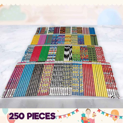 Mega Pencil Assortment - Assorted Bulk Pencils - 250 Designed Cute Pencils with Eraser for Classroom Prize, Kids Party Favors, Rewards, Prizes, Giveaways, Souvenirs, Carnivals, School Supplies