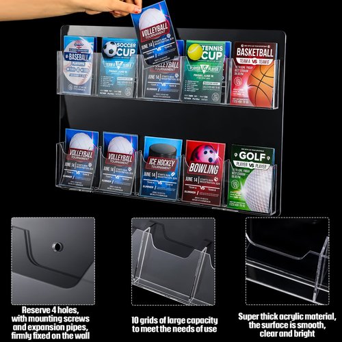 Weysat 4 Pcs Acrylic Brochure Holder Wall Mount 10 Pockets Pamphlet Holder 4" Wide Clear Plastic Trifold Flyer Display Stand Multi Slot Literature Postcard Rack Hanging Rack for Offices Waiting Room