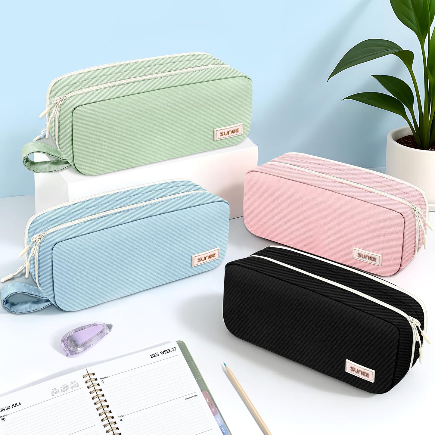SUNEE Pencil Case, Large Capacity Pencil Pouch, Aesthetic Pen Bag Office Stationery Organizer Simple Sturdy Multifunctional for Teen Girls Women Men, Black
