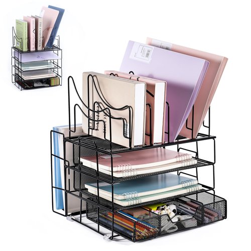 VANZAVANZU 5-Tier Desk Paper Letter Tray Organizer with 5 File Sorter Holders Large Desk File Organizer with Sliding Drawer Office Desktop Organizer, Variety of Stacking Style - Dark Black