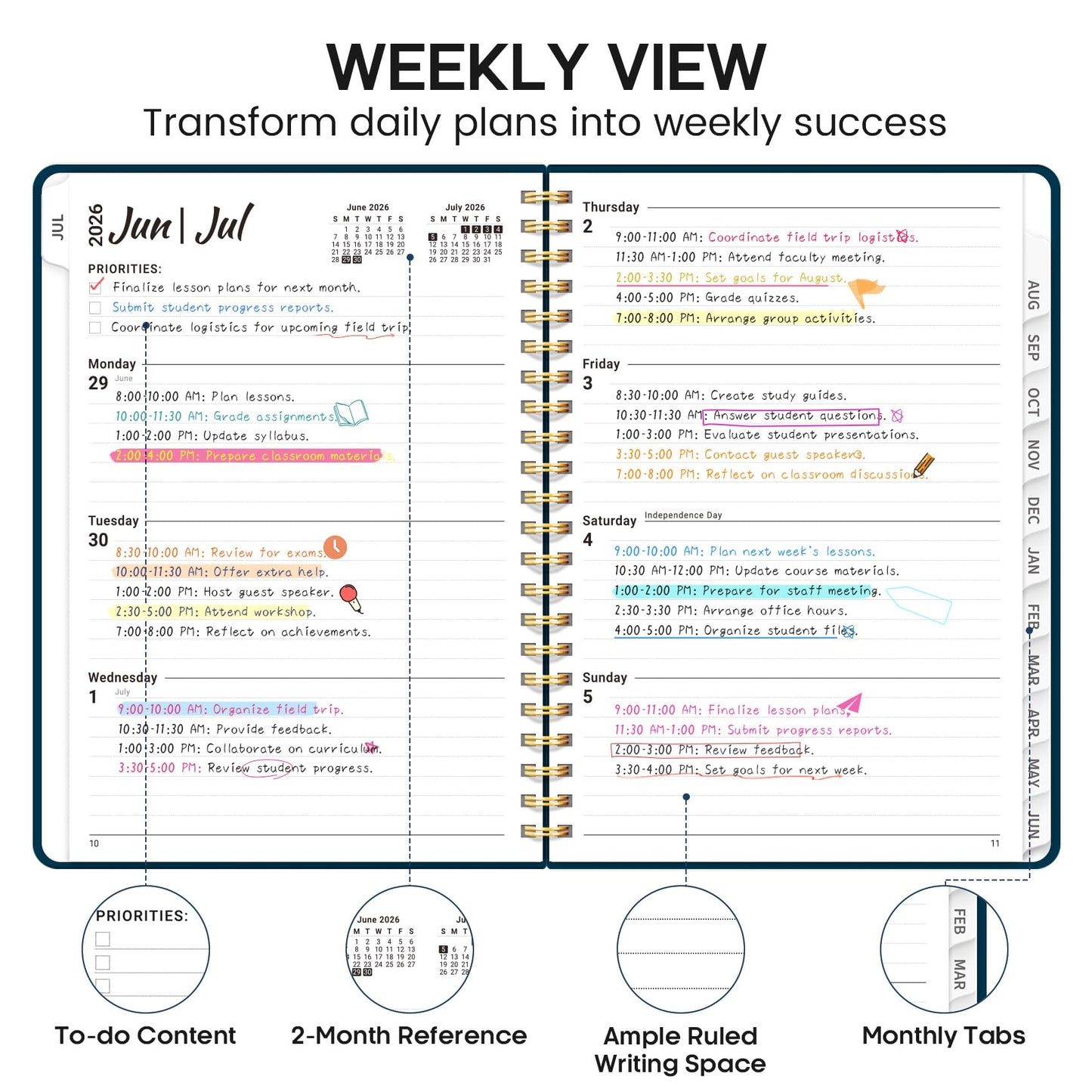 Academic Planner 2026-2027, Weekly and Monthly Calendar Planner Book, July 2026 – June 2027, Hardcover Organizer with Tabs, Perfect for Teachers, Students, Women & Men, A5 (6.4" x 8.5") - Navy