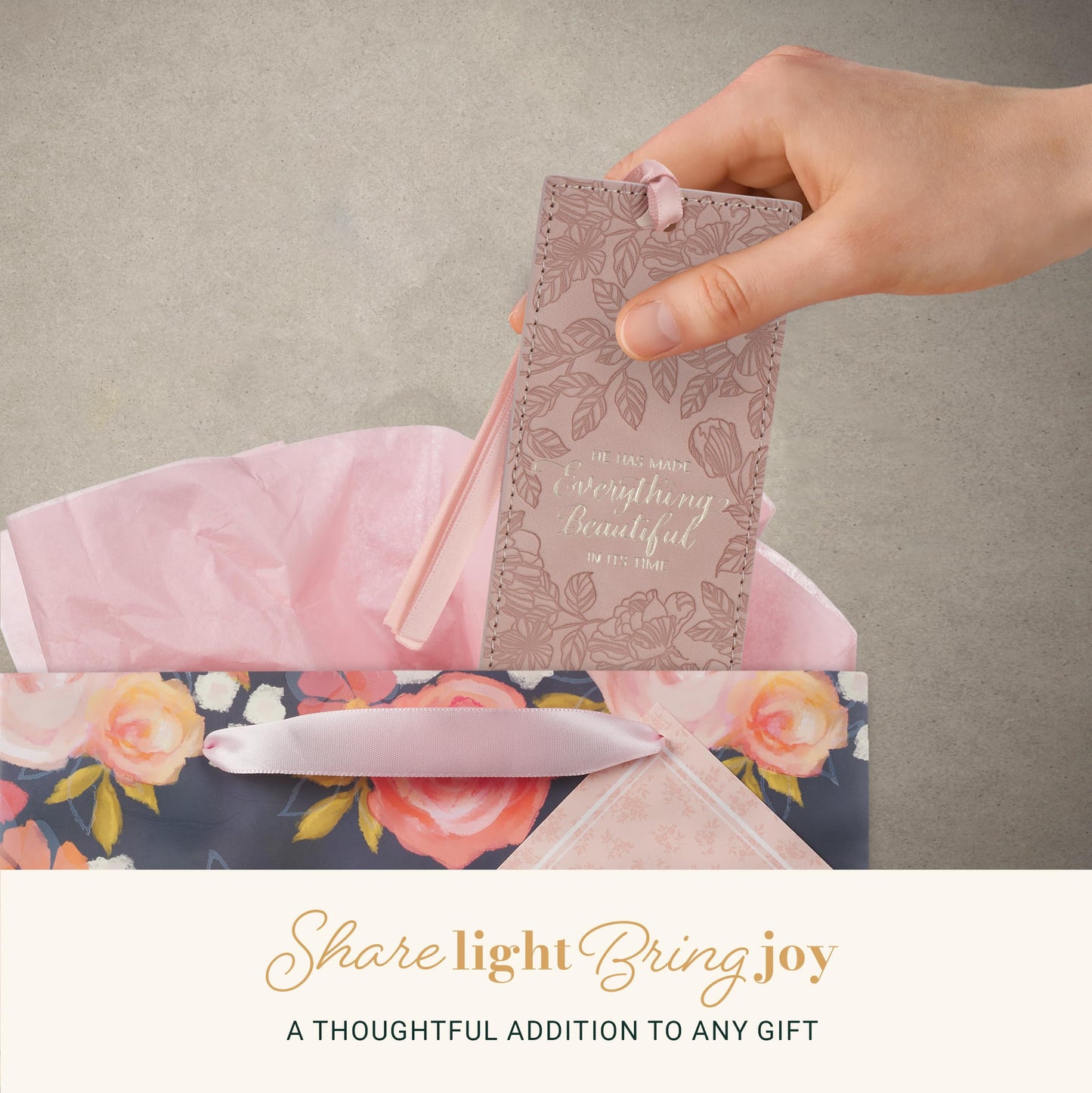 Christian Art Gifts Premium Vegan Leather Motivational Scripture Bookmark for Women: Everything Beautiful Encouraging Bible Verse, Smooth Satin Ribbon, Debossed Floral Reading Accessory, Pastel Pink