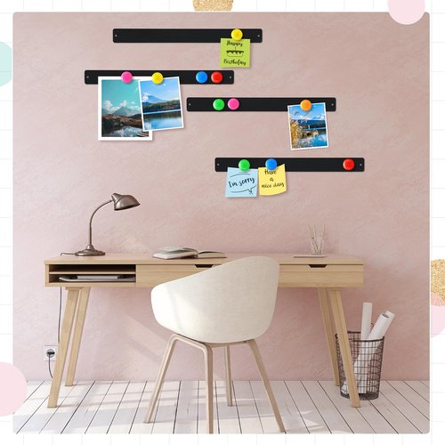 Wovnet 18 Pcs Magnet Bulletin Board Strips 11.81 x 1.1 Inches Frameless Stainless Iron Board Strip with Colorful Magnet Self Adhesive Memo Strip for for Office Home Wall Photo (Black)