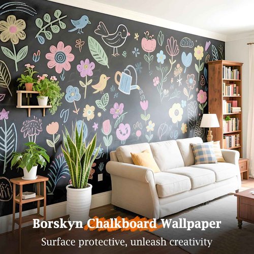 Borskyn Chalkboard Wallpaper Peel and Stick, 17.5"x393.7" Blackboard Contact Paper Self Adhesive, Vinyl Chalk Board Wall Sticker with 8 Colorful Chalks & 1 Rag