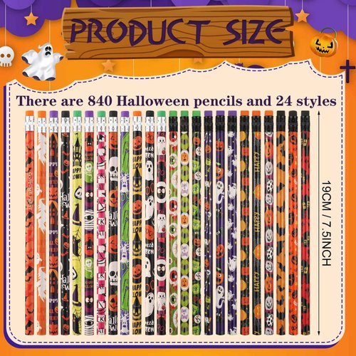 Crtiin 840 Pieces Halloween Pencils with Eraser Colorful Pencils Halloween Themed Pencil Novelty Ghost Pumpkin Skeleton Bat Spider Wood Pencils with Eraser Tops for Halloween Party Supplies