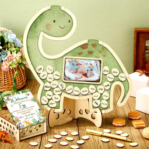Wenqik 63 Pcs Baby Shower Guest Book Alternatives Set Baby Shower Decorations with Photo Frame Sonogram Frame Keepsake 60 Wood Slices Guest Book for Birthday(Dinosaur)