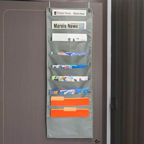 Hanging Wall File Organizer, Hanging File Folder Holder, Storage Center Pocket Chart for Paper Document, Pocket Chart for Office and Classroom, with door hanger and Adhesive hooks, 9 Pockets