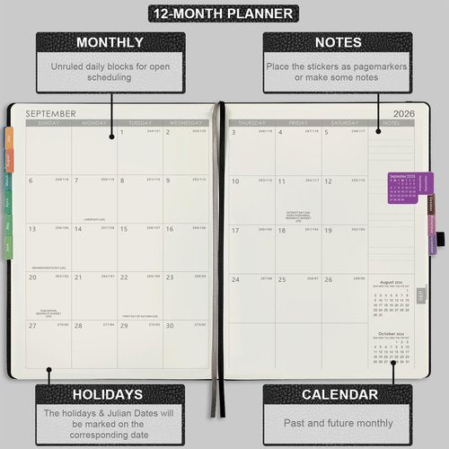 Artfan 2026 Planner - JAN 2026 - DEC 2026, 2026 Planner Weekly and Monthly, Calendar Planner, Leather Cover Planner with Pen Holder, Thick Paper, Notes Pages - Black (8.5" x 11", Back Pocket)