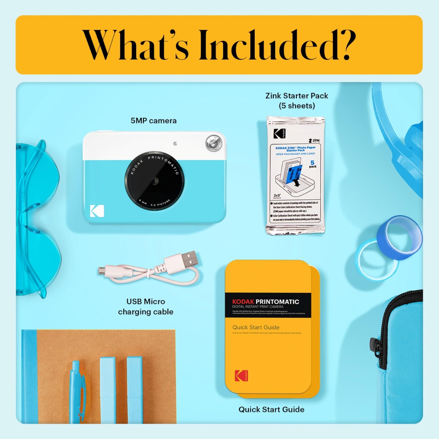 Kodak Printomatic Full-Color Instant Print Camera Starter Bundle + Carrying Case + Zink 20pk Photo Paper - Colorful Photos On 2x3 Sticky-Back Paper - Fun Gift for Birthday Christmas Holiday - Blue