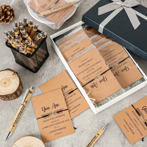 48 Sets Christian Gifts Bulk Include Bible Verse Inspirational Bamboo Pens Friendship Cross Bracelets Inspirational Cards and Organza Bags for Women Men Church Office School Journal Party Favors