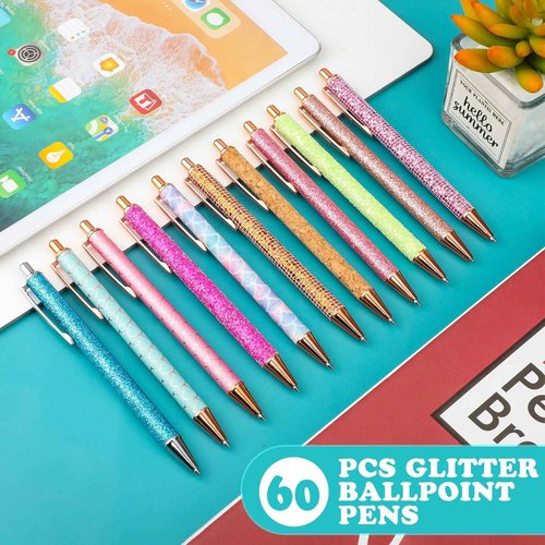 Handepo 60 Piece Cute Pretty Metal Glitter Ballpoint Pens for Women Fancy Shiny Journaling Pen for Writing, Black Ink Medium Point 1.0 mm Click for Birthday Office School Supplies