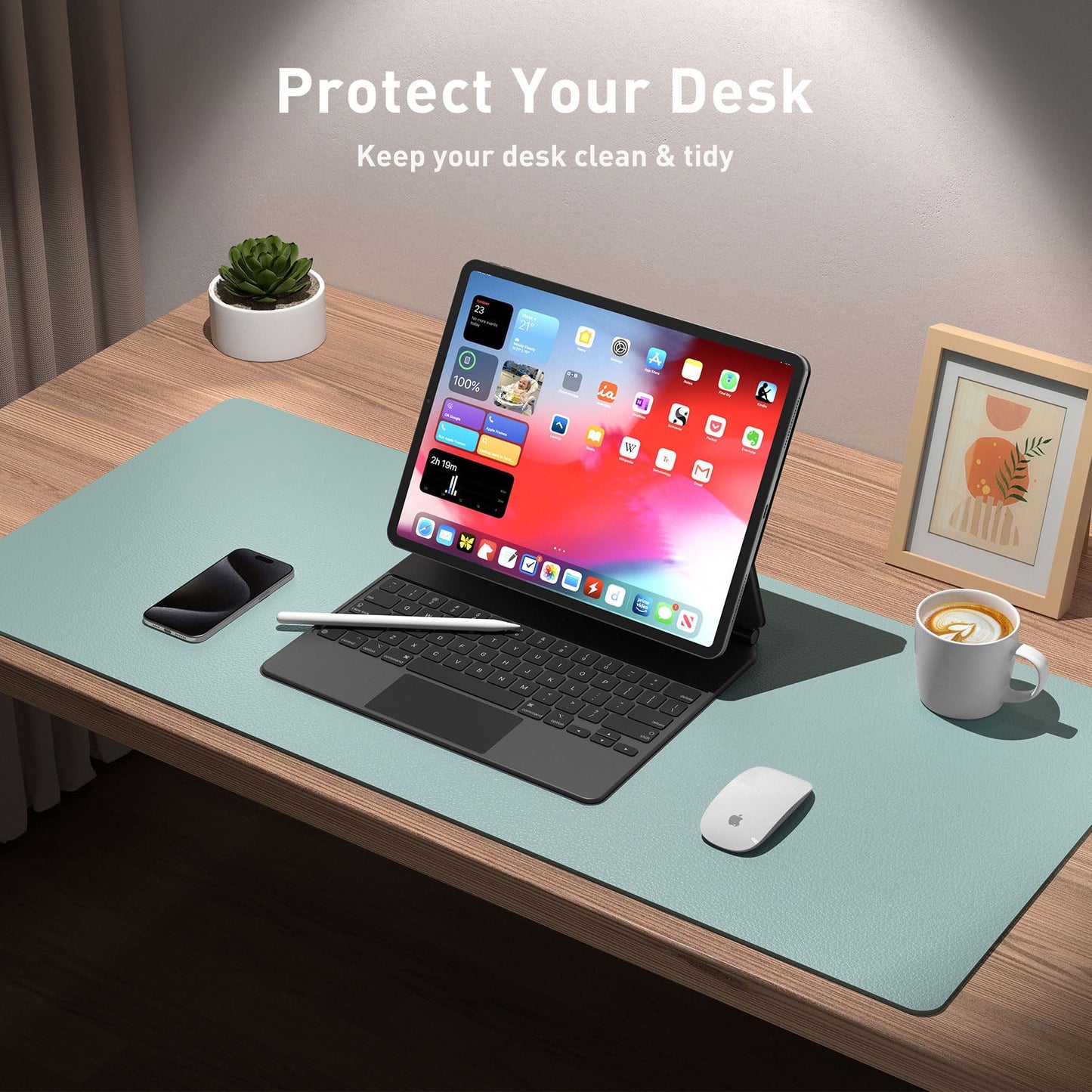 Aothia Leather Desk Pad Protector, Mouse Pad, Office Desk Mat, Non-Slip PU Leather Desk Blotter, Laptop Desk Pad, Waterproof Desk Writing Pad for Office and Home (48"x17", Light Blue)