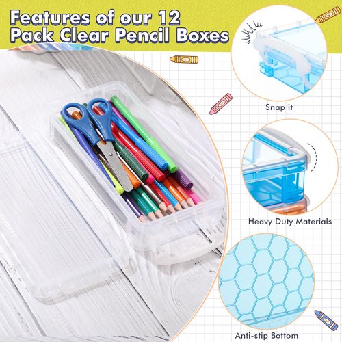 Zonon 12 Pack Plastic Pencil Box 8.3” × 3.9” × 1.6" Large Crayon Box Stackable Multicolor Pencil Case with Snap Closure Lids Bulk Multi Purpose Storage Organizer Art Office Craft Supplies