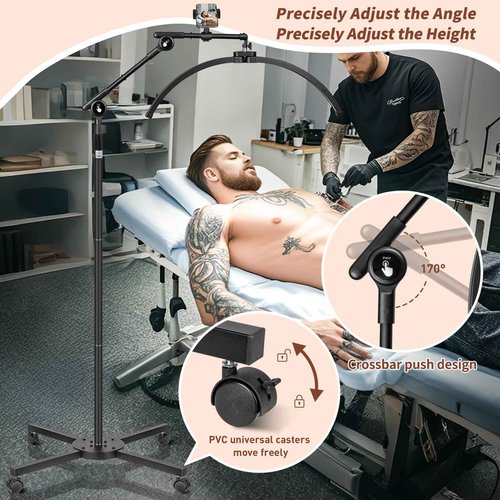 HITTI Half Moon Light for Eyelash Extensions Tattoo Artists, 2025 New Upgrad LED Lash Tech Light with 4 Wheel Rolling Base, Large Floor Eyelash Lamp 5 Color Modes Stepless Dimming & Phone Holder-Balck