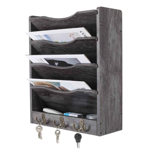 PAG 5-Tier Wall File Holder Hanging Mail Organizer Wood Magazine Literature Rack with 6 Hooks, Dark Gray