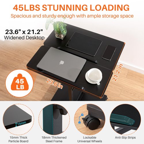 Hovadova Mobile Laptop Stand Desk, Standing or Sitting Rolling Computer Cart with Tower Stand, Adjustable Height 27.5" to 47.2" Portable Laptop Table Home Office Computer Workstation, Locking Wheels