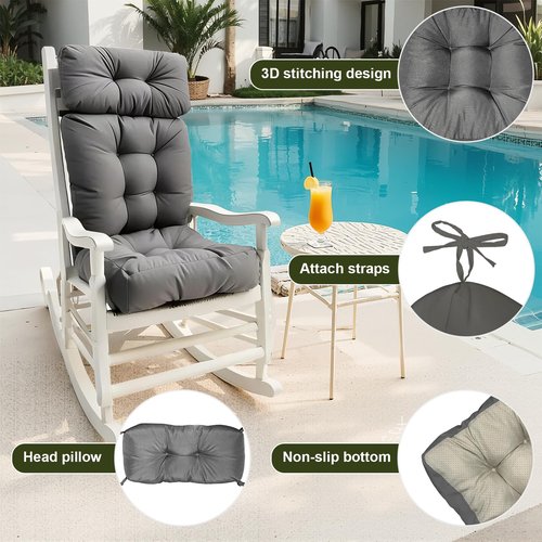 Activance Rocking Chair Cushions Indoor/Outdoor, Large Rocking Chair Pads with Ties High Density Water Resistant Non Slip Durable Back and Seat Cushion 3 Piece Set, Grey