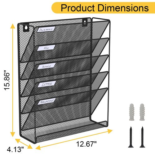 Hanging Folder Organizer Mesh 6 Tier, Wall File Organizer Hanging Paper Organizer, Wall Mount Mail Storage, Office Organization and Storage Rack for Home Office, Black