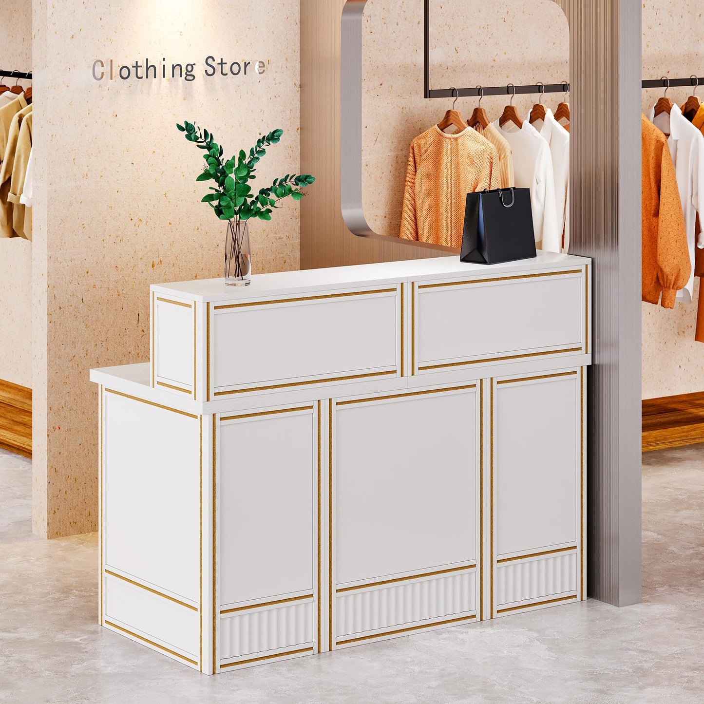 LITTLE TREE 57-Inch Reception Desk with Counter, Boho Style Front Desk, Modern Checkout Counter, Receptionist Desk for Retail, Lobby, Salon, Office, White