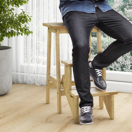 GLACER 3-Tier Folding Step Stool, Portable Wood Step Ladder for Adults & Kids, 3-in-1 Storage Shelf Flower Rack Foot Stool, Ideal for Home, Kitchen, Library (Natural)